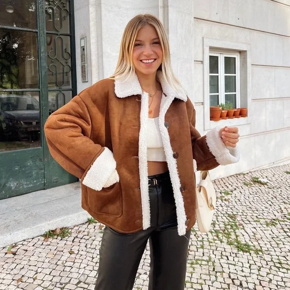Zara double faced shearling suede jacket tan